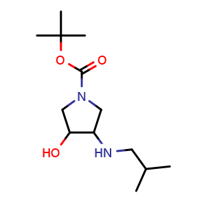 Chemical structure of tert-butyl 3-hydroxy-4-(isobutylamino)pyrrolidine-1-carboxylate , CAS 1990022-43-9, AChemBlock Q60192