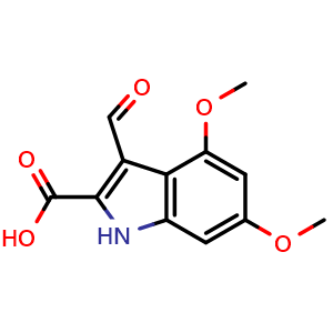 Chemical structure of 3-formyl-4,6-dimethoxy-1H-indole-2-carboxylic acid , CAS 893729-94-7, AChemBlock Q60199