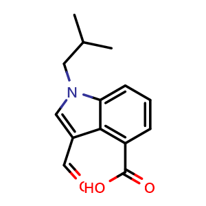 Chemical structure of 3-formyl-1-isobutyl-1H-indole-4-carboxylic acid , CAS 1071914-76-5, AChemBlock Q60200