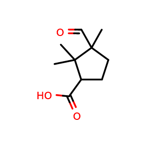 Chemical structure of 3-formyl-2,2,3-trimethylcyclopentane-1-carboxylic acid , CAS 693795-02-7, AChemBlock Q60201