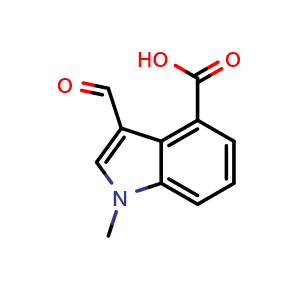 Chemical structure of 3-formyl-1-methyl-1H-indole-4-carboxylic acid , CAS 1019117-17-9, AChemBlock Q60206