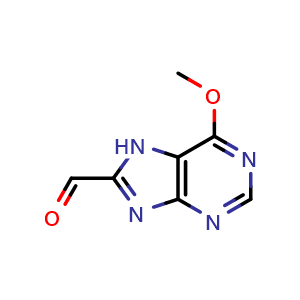 Chemical structure of 6-methoxy-7H-purine-8-carbaldehyde , CAS 914208-11-0, AChemBlock Q60255