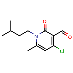 Chemical structure of 4-chloro-1-isopentyl-6-methyl-2-oxo-1,2-dihydropyridine-3-carbaldehyde , CAS 1987237-28-4, AChemBlock Q60351