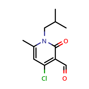 Chemical structure of 4-chloro-1-isobutyl-6-methyl-2-oxo-1,2-dihydropyridine-3-carbaldehyde , CAS 1018302-97-0, AChemBlock Q60391