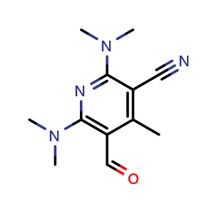 Chemical structure of 2,6-bis(dimethylamino)-5-formyl-4-methylnicotinonitrile , CAS 57959-35-0, AChemBlock Q60408