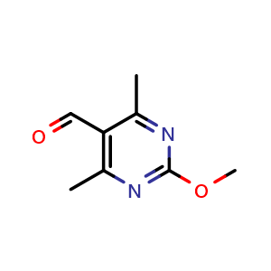 Chemical structure of 2-methoxy-4,6-dimethylpyrimidine-5-carbaldehyde , CAS 1823338-21-1, AChemBlock Q60416