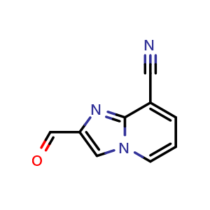 Chemical structure of 2-formylimidazo[1,2-a]pyridine-8-carbonitrile , CAS 885275-69-4, AChemBlock Q60449
