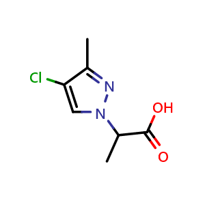 Chemical structure of 2-(4-chloro-3-methyl-1H-pyrazol-1-yl)propanoic acid , CAS 1005694-58-5, AChemBlock Q60492