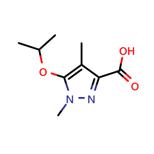 Chemical structure of 5-isopropoxy-1,4-dimethyl-1H-pyrazole-3-carboxylic acid , CAS 1239743-30-6, AChemBlock Q60535