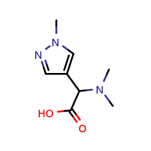 Chemical structure of 2-(dimethylamino)-2-(1-methyl-1H-pyrazol-4-yl)acetic acid , CAS 1218240-85-7, AChemBlock Q60573