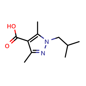 Chemical structure of 1-isobutyl-3,5-dimethyl-1H-pyrazole-4-carboxylic acid , CAS 1017486-36-0, AChemBlock Q60609