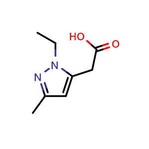 Chemical structure of 2-(1-ethyl-3-methyl-1H-pyrazol-5-yl)acetic acid , CAS 1260659-11-7, AChemBlock Q60629