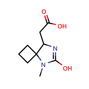 Chemical structure of 2-(6-hydroxy-5-methyl-5,7-diazaspiro[3.4]oct-6-en-8-yl)acetic acid , CAS 1706533-03-0, AChemBlock Q60641