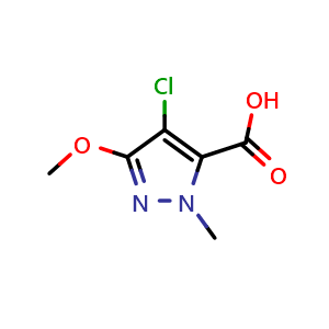 Chemical structure of 4-chloro-3-methoxy-1-methyl-1H-pyrazole-5-carboxylic acid , CAS 1546448-12-7, AChemBlock Q60675