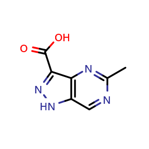 Chemical structure of 5-methyl-1H-pyrazolo[4,3-d]pyrimidine-3-carboxylic acid , CAS 1369131-37-2, AChemBlock Q60947