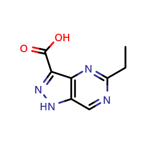 Chemical structure of 5-ethyl-1H-pyrazolo[4,3-d]pyrimidine-3-carboxylic acid , CAS 1368320-61-9, AChemBlock Q60950