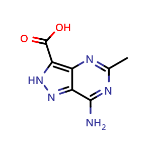 Chemical structure of 7-amino-5-methyl-2H-pyrazolo[4,3-d]pyrimidine-3-carboxylic acid , CAS 1542566-71-1, AChemBlock Q60952