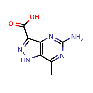 Chemical structure of 5-amino-7-methyl-1H-pyrazolo[4,3-d]pyrimidine-3-carboxylic acid , CAS 1522887-30-4, AChemBlock Q60956