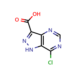 Chemical structure of 7-chloro-1H-pyrazolo[4,3-d]pyrimidine-3-carboxylic acid , CAS 1497922-05-0, AChemBlock Q60958