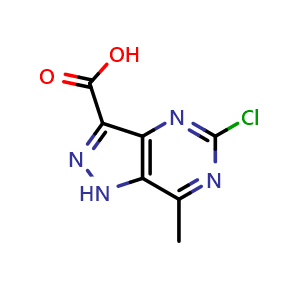 Chemical structure of 5-chloro-7-methyl-1H-pyrazolo[4,3-d]pyrimidine-3-carboxylic acid , CAS 1511590-31-0, AChemBlock Q60959