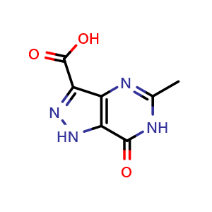 Chemical structure of 5-methyl-7-oxo-6,7-dihydro-1H-pyrazolo[4,3-d]pyrimidine-3-carboxylic acid , CAS 1368216-28-7, AChemBlock Q60960