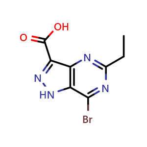 Chemical structure of 7-bromo-5-ethyl-1H-pyrazolo[4,3-d]pyrimidine-3-carboxylic acid , CAS 1781908-69-7, AChemBlock Q60963