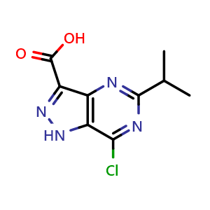 Chemical structure of 7-chloro-5-isopropyl-1H-pyrazolo[4,3-d]pyrimidine-3-carboxylic acid , CAS 1490657-99-2, AChemBlock Q60964