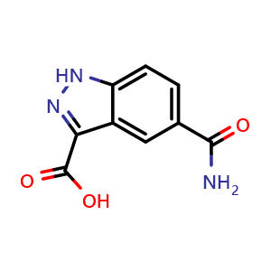 Chemical structure of 5-carbamoyl-1H-indazole-3-carboxylic acid , CAS 1167055-85-7, AChemBlock Q60972