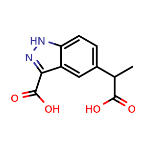 Chemical structure of 5-(1-carboxyethyl)-1H-indazole-3-carboxylic acid , CAS 551960-43-1, AChemBlock Q60978