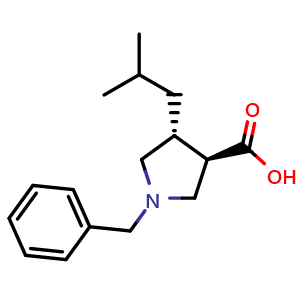 Chemical structure of (3R,4R)-1-Benzyl-4-isobutylpyrrolidine-3-carboxylic acid , CAS 261896-45-1, AChemBlock Q61046