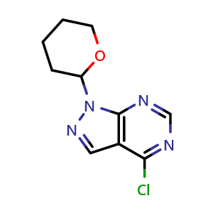 Chemical structure of 4-chloro-1-(tetrahydro-2H-pyran-2-yl)-1H-pyrazolo[3,4-d]pyrimidine , CAS 91446-15-0, AChemBlock Q61048