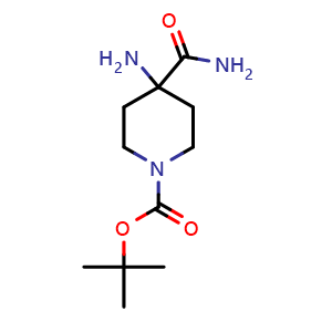 Chemical structure of tert-butyl 4-amino-4-carbamoylpiperidine-1-carboxylate , CAS 288154-18-7, AChemBlock Q61054