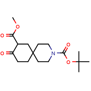 Chemical structure of 3-(tert-butyl) 8-methyl 9-oxo-3-azaspiro[5.5]undecane-3,8-dicarboxylate , CAS 1225437-08-0, AChemBlock Q61103