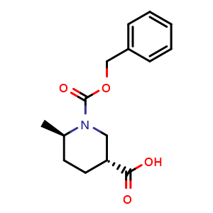Chemical structure of (3R,6R)-1-((benzyloxy)carbonyl)-6-methylpiperidine-3-carboxylic acid , CAS 1651167-02-0, AChemBlock Q61143