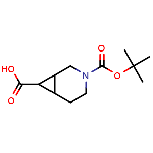 Chemical structure of 3-(tert-butoxycarbonyl)-3-azabicyclo[4.1.0]heptane-7-carboxylic acid , CAS 1368303-66-5, AChemBlock Q61162
