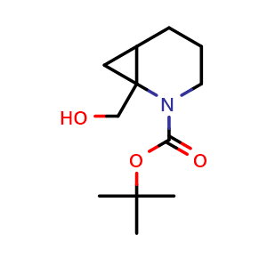Chemical structure of tert-butyl 1-(hydroxymethyl)-2-azabicyclo[4.1.0]heptane-2-carboxylate , CAS 2306269-96-3, AChemBlock Q61185