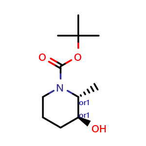 Chemical structure of tert-butyl trans-3-hydroxy-2-methyl-piperidine-1-carboxylate , CAS 955028-79-2, AChemBlock Q61253