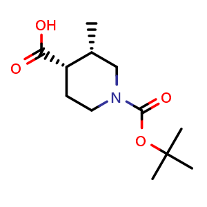Chemical structure of (3S,4S)-1-(tert-butoxycarbonyl)-3-methylpiperidine-4-carboxylic acid , CAS 1932477-21-8, AChemBlock Q61332