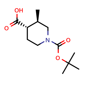Chemical structure of (3R,4S)-1-(tert-butoxycarbonyl)-3-methylpiperidine-4-carboxylic acid , CAS 1821810-67-6, AChemBlock Q61334