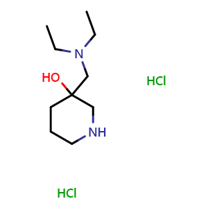 Chemical structure of 3-((diethylamino)methyl)piperidin-3-ol dihydrochloride , CAS 2306262-28-0, AChemBlock Q61335