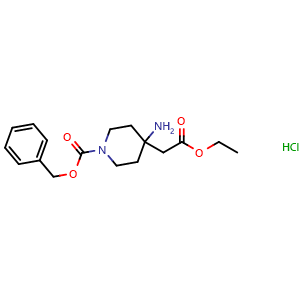 Chemical structure of benzyl 4-amino-4-(2-ethoxy-2-oxoethyl)piperidine-1-carboxylate hydrochloride , CAS 303037-53-8, AChemBlock Q61348