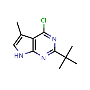Chemical structure of 2-(tert-butyl)-4-chloro-5-methyl-7H-pyrrolo[2,3-d]pyrimidine , CAS 2306269-50-9, AChemBlock Q61406