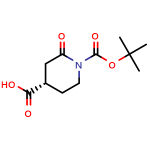 Chemical structure of (S)-1-(tert-butoxycarbonyl)-2-oxopiperidine-4-carboxylic acid , CAS 2165829-55-8, AChemBlock Q61415