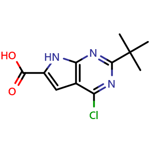 Chemical structure of 2-(tert-butyl)-4-chloro-7H-pyrrolo[2,3-d]pyrimidine-6-carboxylic acid , CAS 2306263-49-8, AChemBlock Q61481