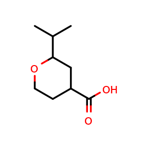 Chemical structure of 2-isopropyltetrahydro-2H-pyran-4-carboxylic acid , CAS 77554-89-3, AChemBlock Q61516
