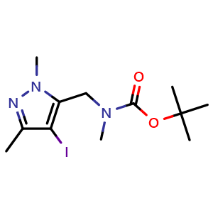 Chemical structure of tert-butyl ((4-iodo-1,3-dimethyl-1H-pyrazol-5-yl)methyl)(methyl)carbamate , CAS 2306276-31-1, AChemBlock Q61534