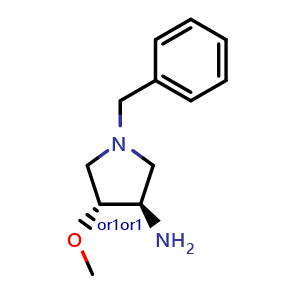 Chemical structure of rel-(3R,4R)-1-benzyl-4-methoxypyrrolidin-3-amine , CAS 128739-90-2, AChemBlock Q61619