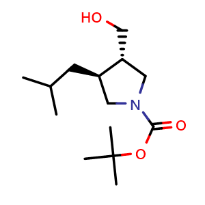 Chemical structure of tert-butyl (3S,4S)-3-(hydroxymethyl)-4-isobutylpyrrolidine-1-carboxylate , CAS 641634-60-8, AChemBlock Q61624