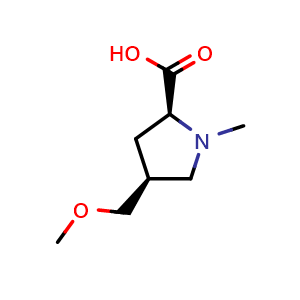 Chemical structure of (2S,4S)-4-(methoxymethyl)-1-methylpyrrolidine-2-carboxylic acid , CAS 2070009-53-7, AChemBlock Q61638