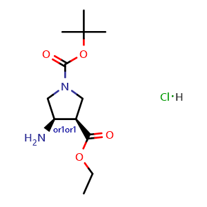 Chemical structure of 1-(tert-butyl) 3-ethyl Cis-(3R,4R)-4-aminopyrrolidine-1,3-dicarboxylate hydrochloride , CAS 1233501-65-9, AChemBlock Q61644